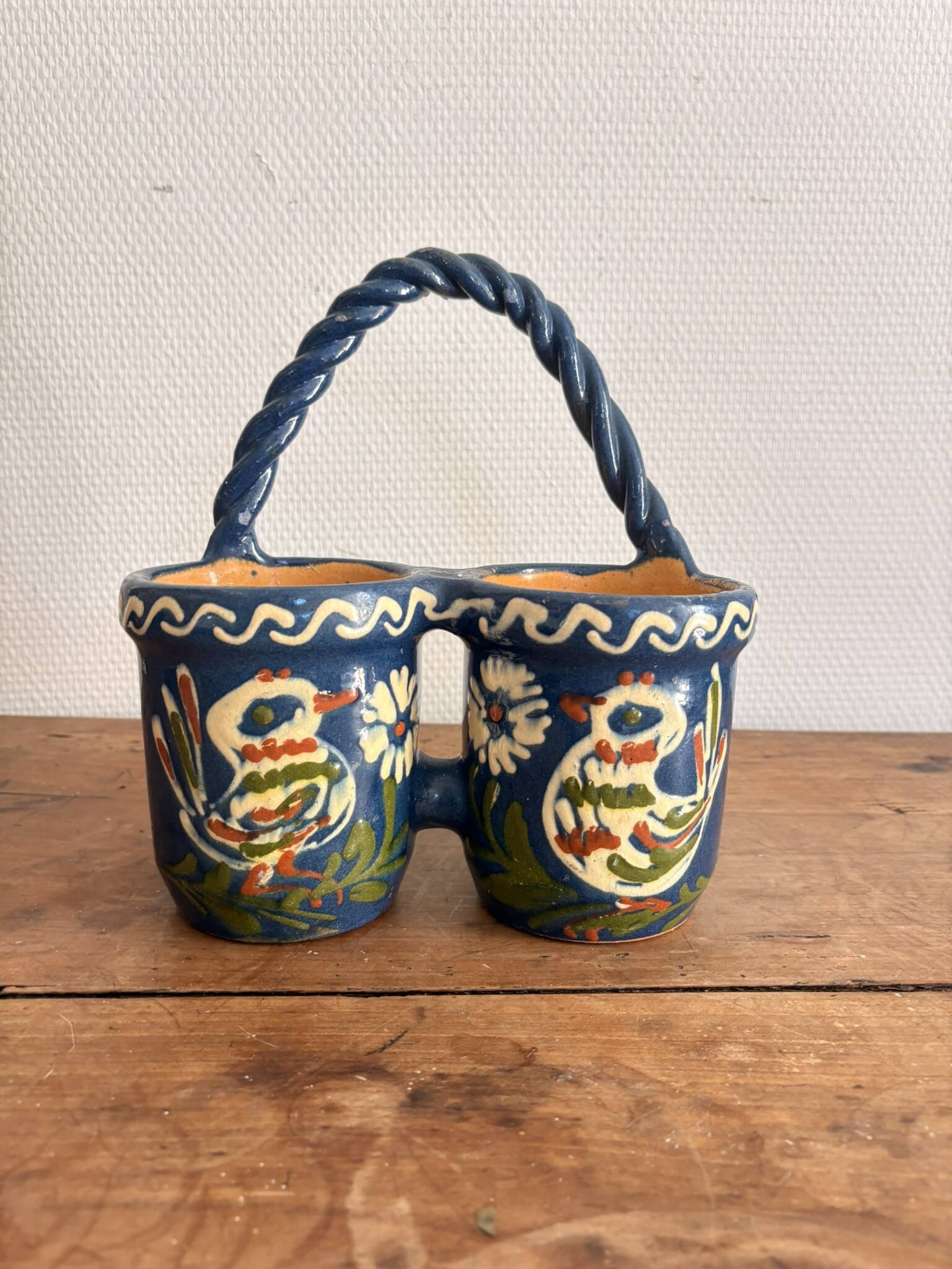Double Pot Pottery Ceramic Terracotta Blue Bird Alsace Twisted Handle