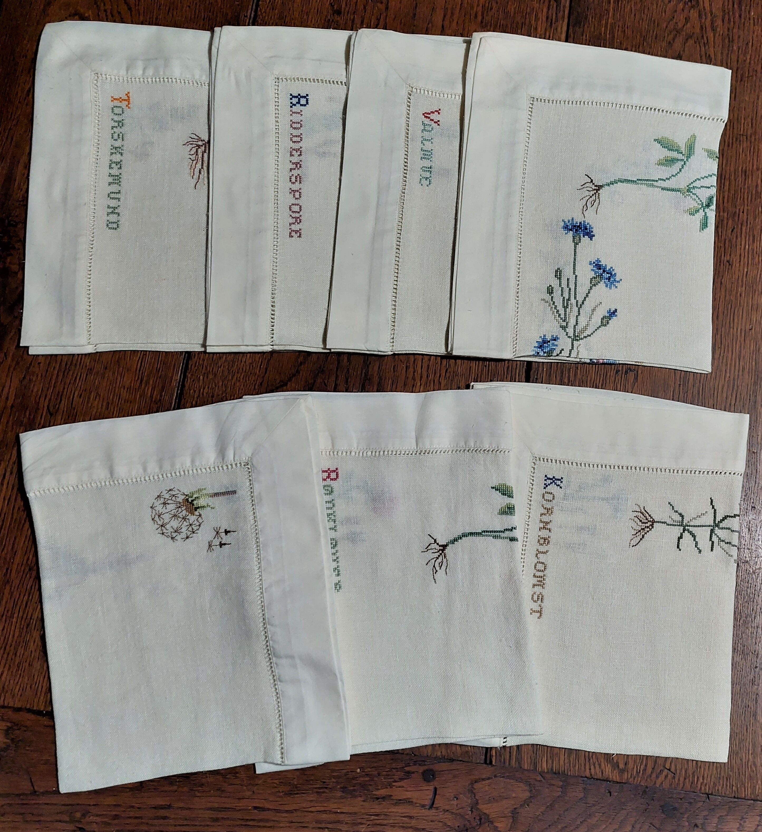 Embroidered placemats in vintage linen field flowers series of seven