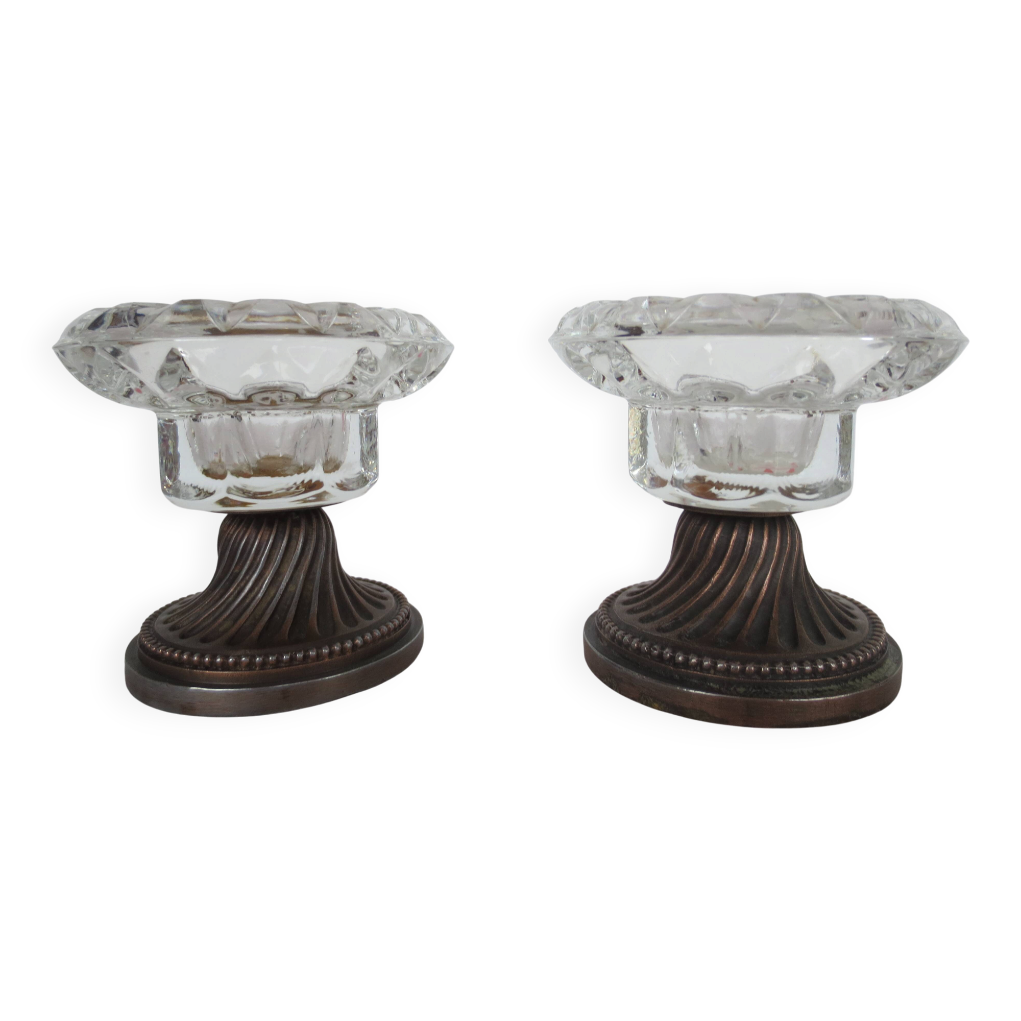 Two candle holders in bronze and crystal