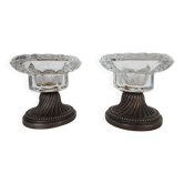 Two candle holders in bronze and crystal
