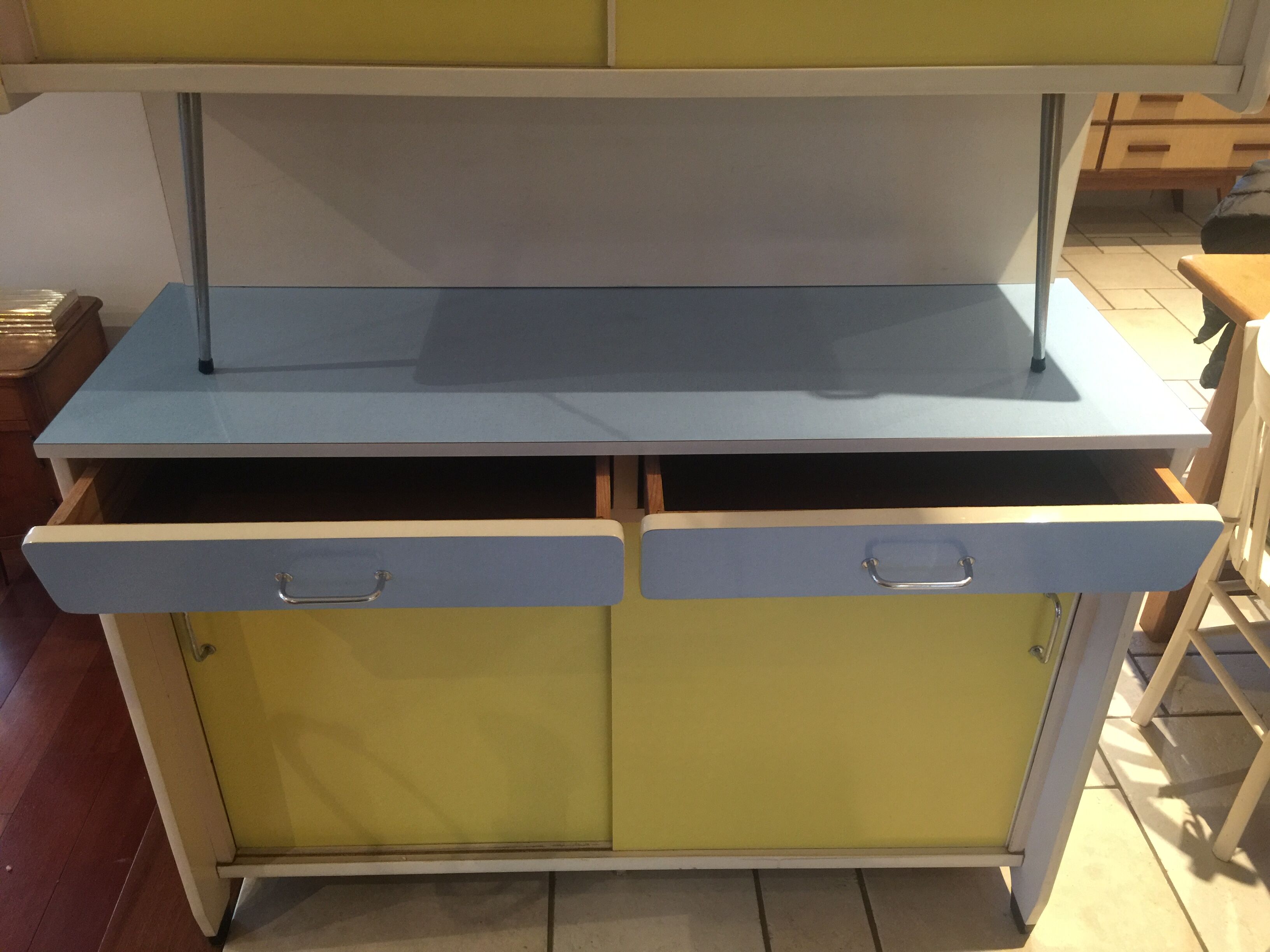 Blue and yellow formica buffet