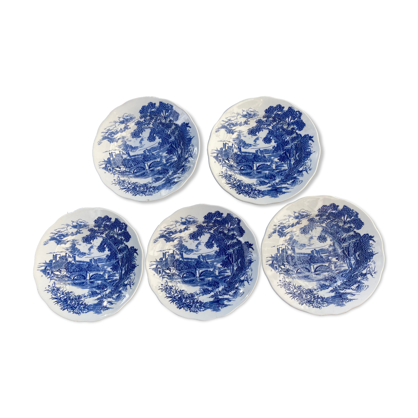 5 hollow plates / earthenware soup Gien Enoch Wedgwood style blue iron earth - vintage model