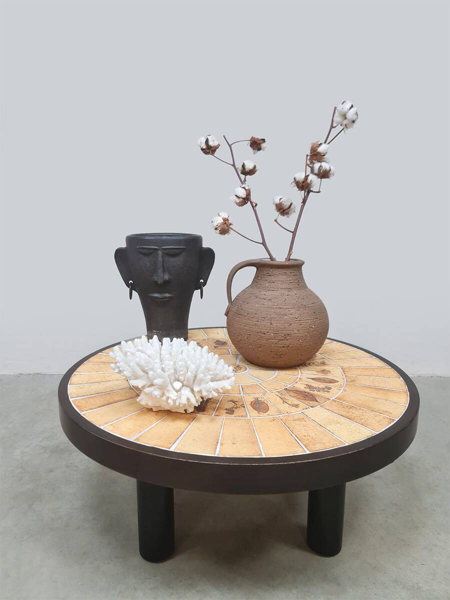 Vintage round ceramic herbarium coffee table Roger Capron