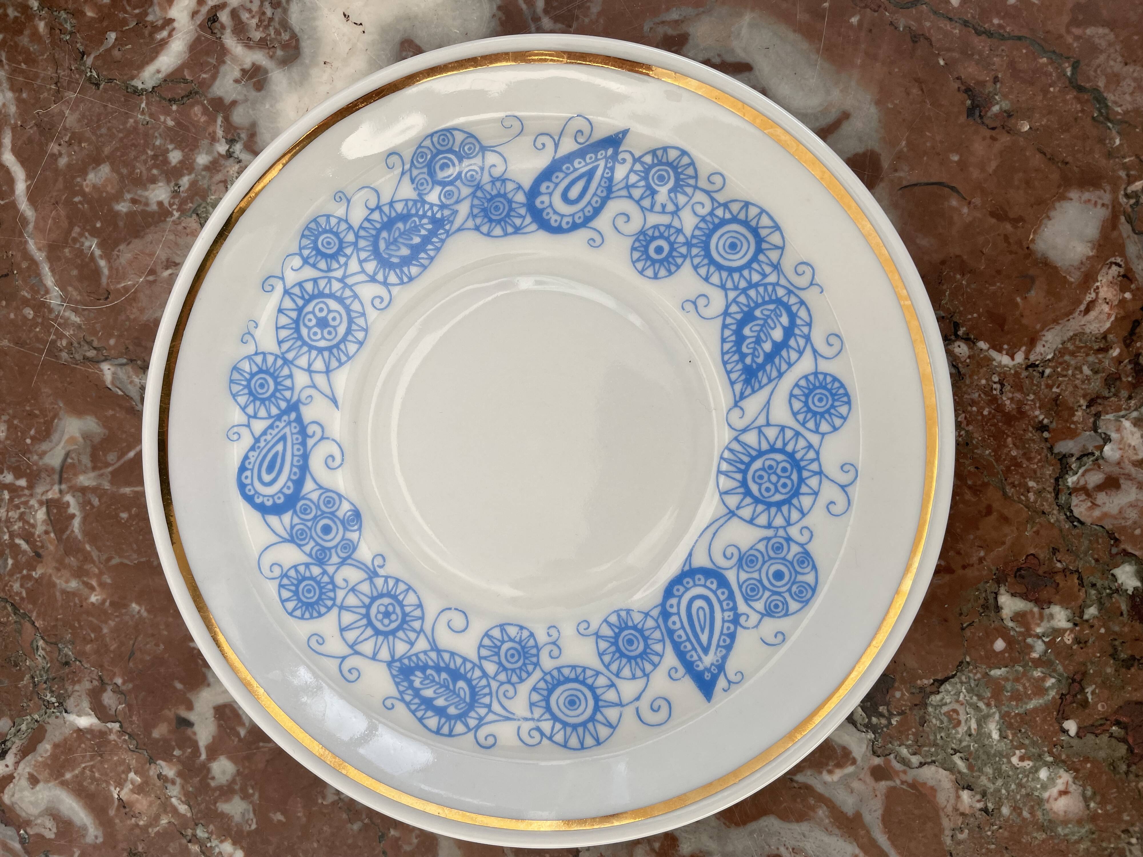 Coffee and tea set, vintage, stylized bird decor, retro, design, blue