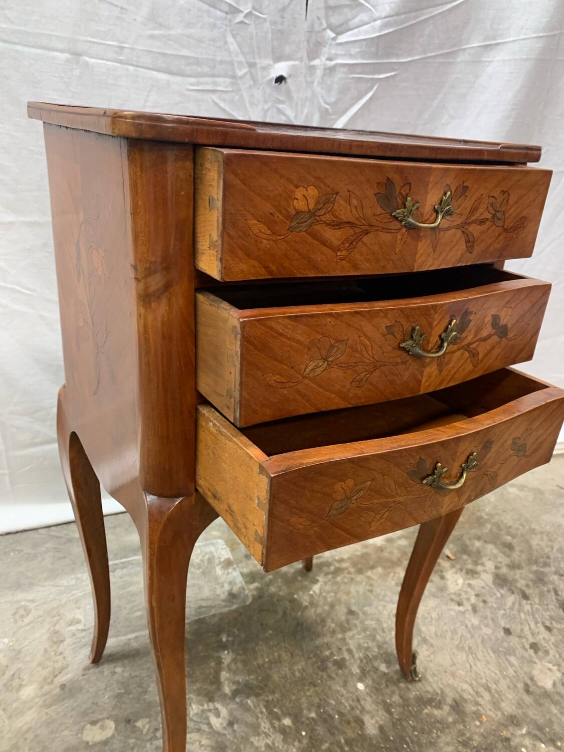 Louis XV style marquetry bedside table with floral flower