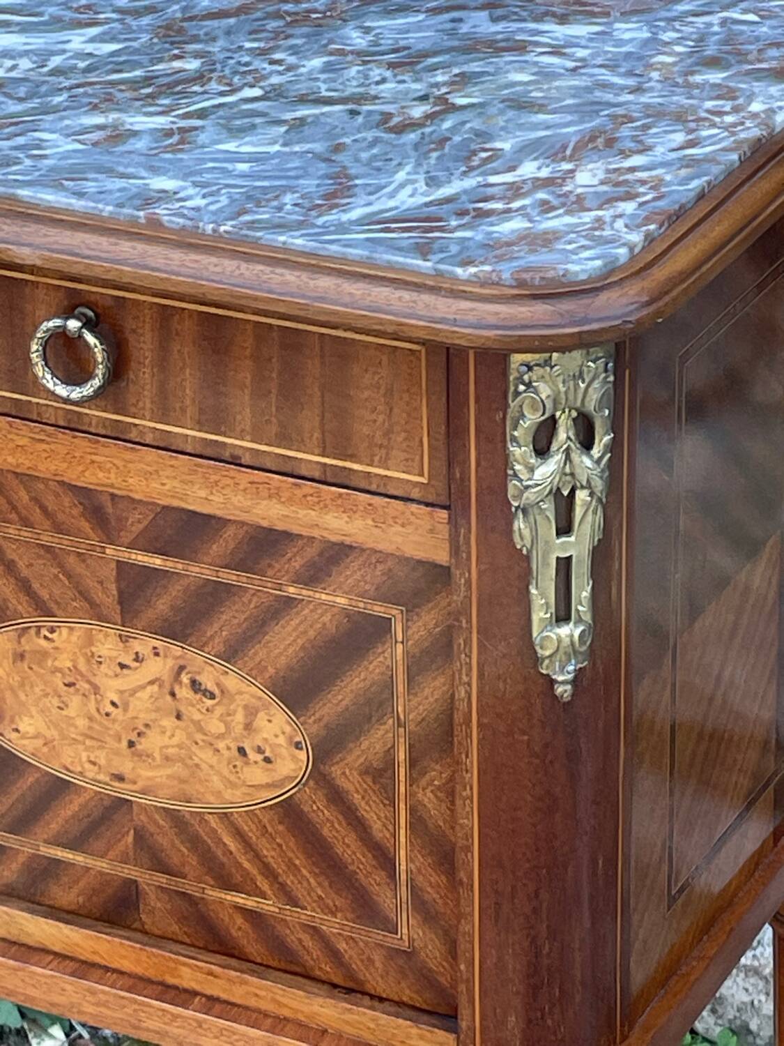 Bedside table in wood marquetry from the 19th century