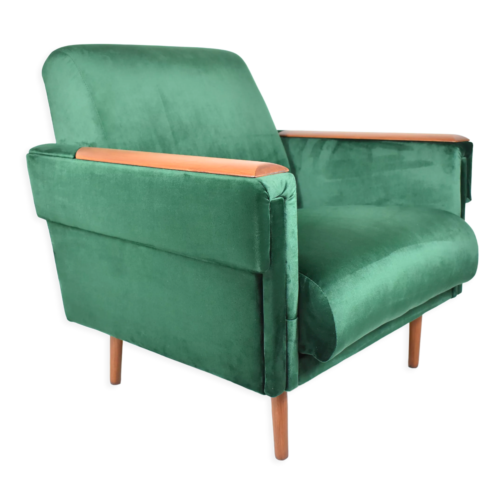 Vintage velvet armchair, 1960s, restored, green bottle