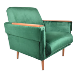Fauteuil vintage en velours années 1960 restauré bouteille verte