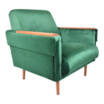 Vintage velvet armchair, 1960s, restored, green bottle