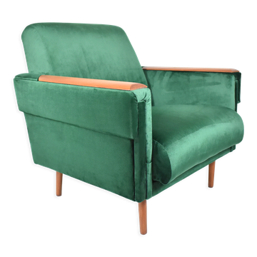 Fauteuil vintage en velours années 1960 restauré bouteille verte