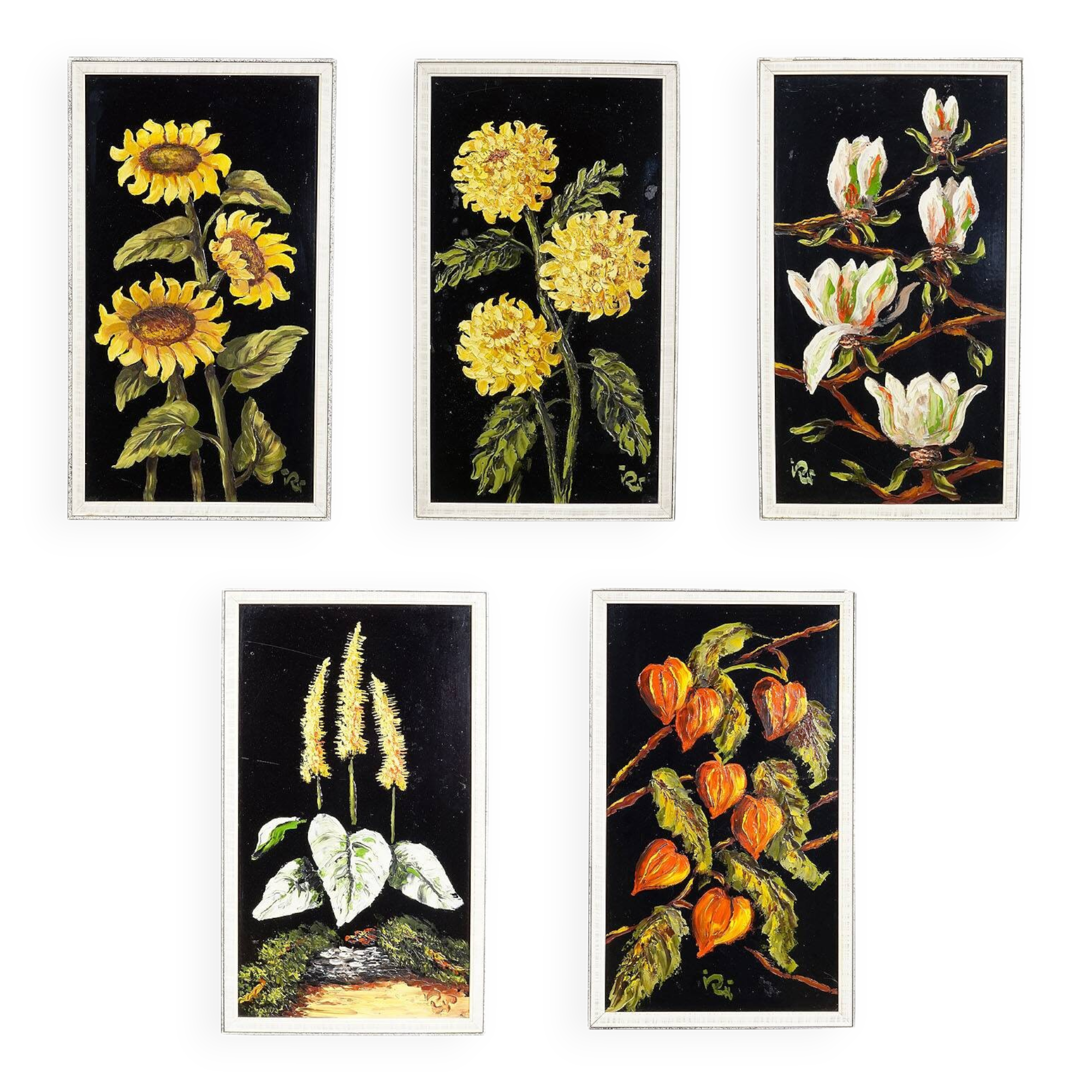 Set of five vintage flower still life paintings.