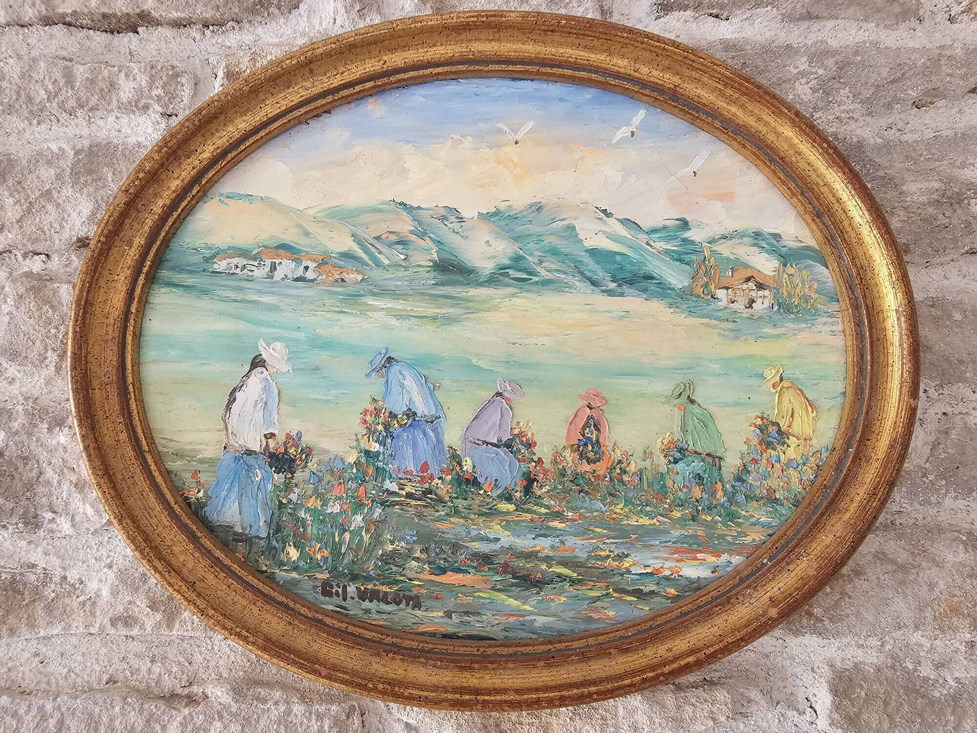 Oil Painting on Panel Landscape Flower Picking Pyrenees Gil Valota
