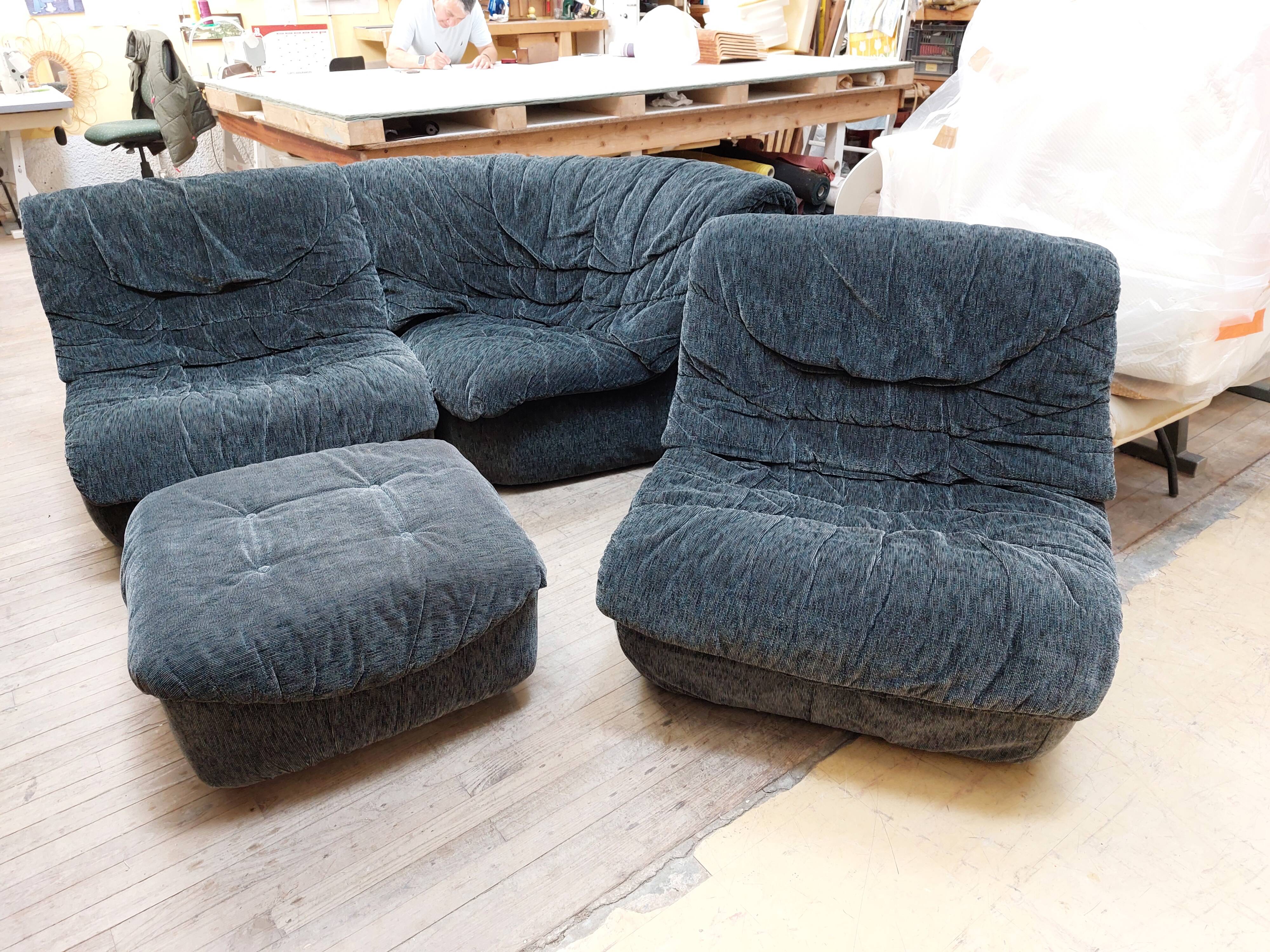 Modular corner sofa, armchairs and vintage Steiner pouf - 80s