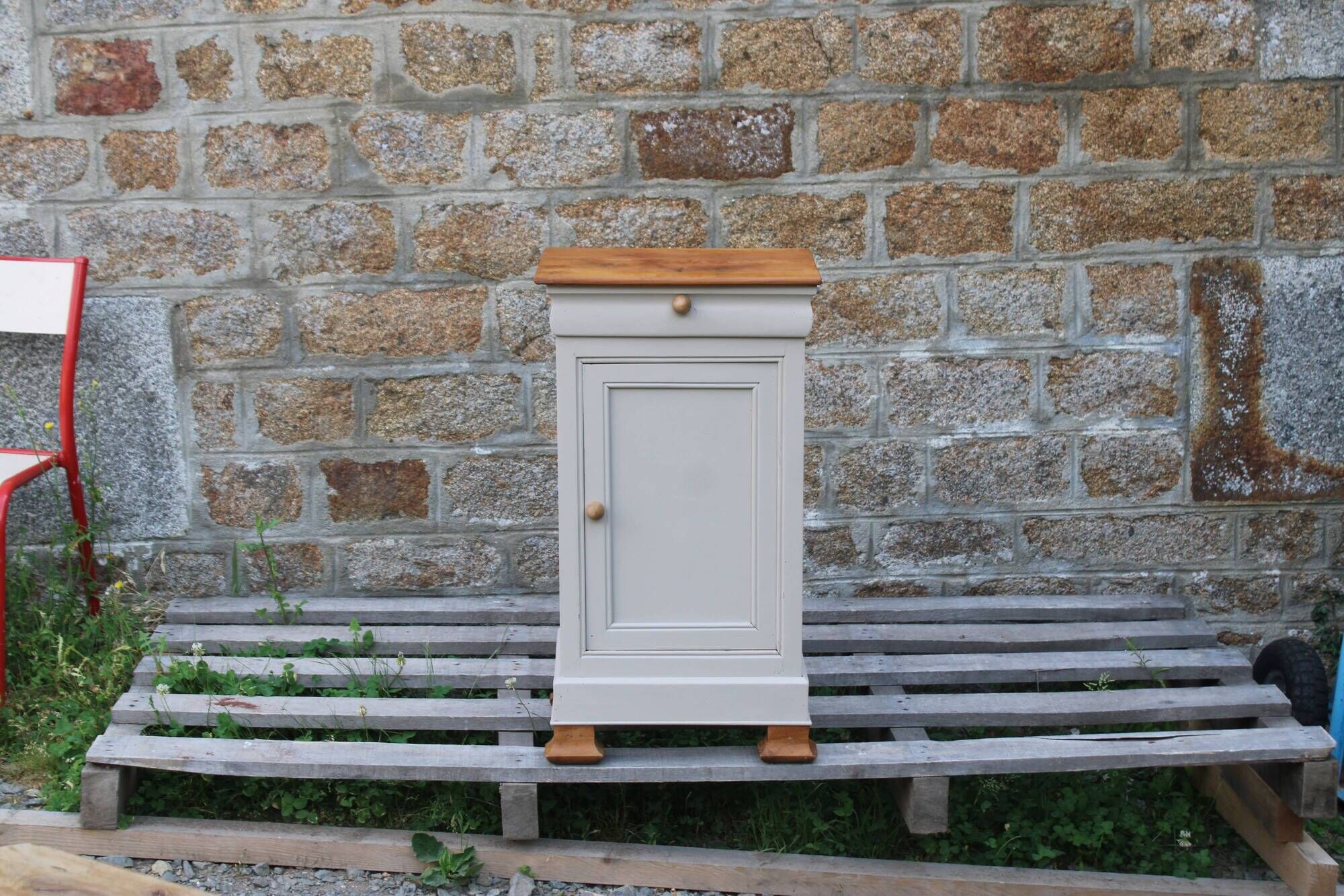 Renovated antique bedside table – Greige Galuchat, wooden top – houseboat style