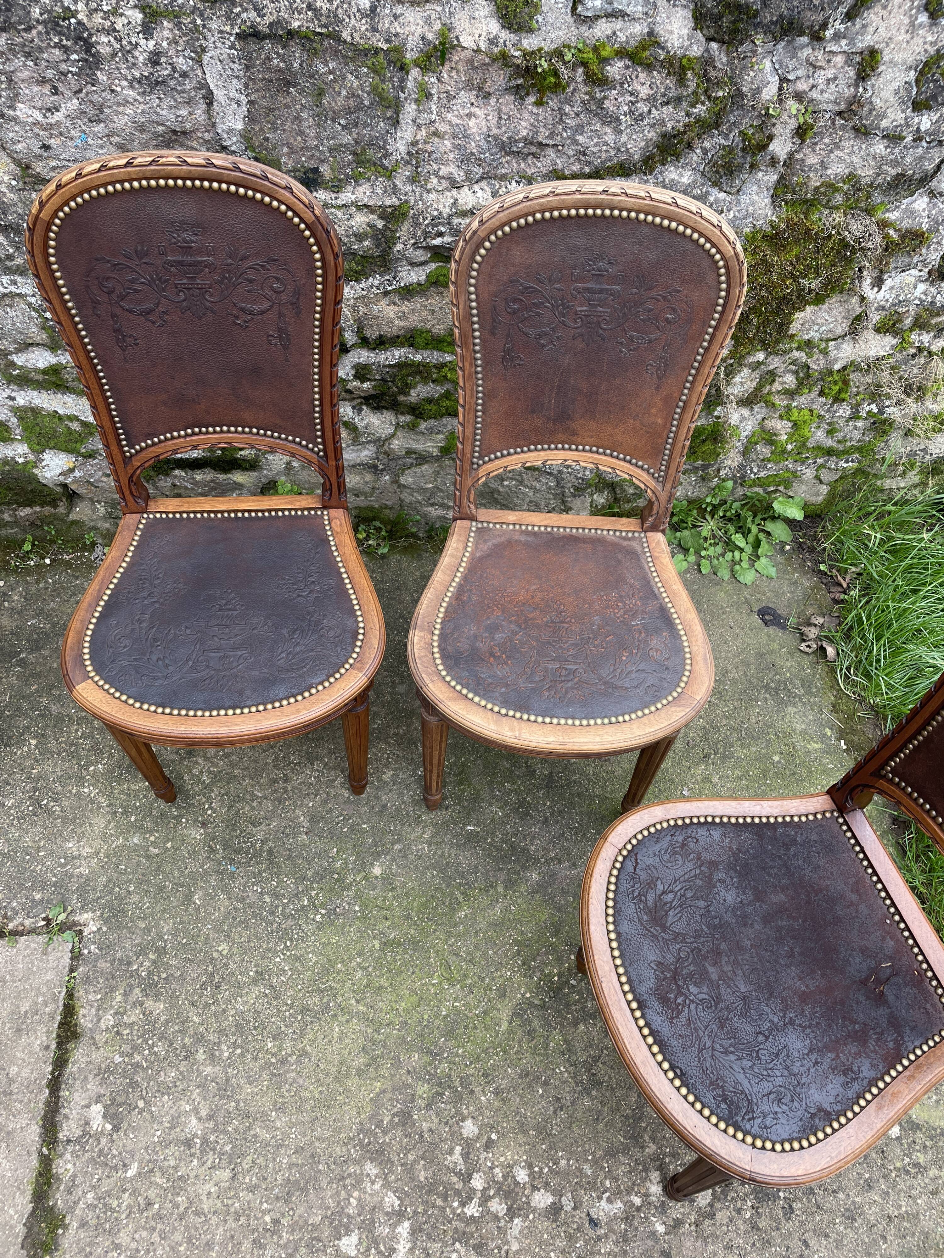 6 Louis XVI style chairs in solid beech and Cordovan leather, 1900