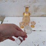 Set of gilded glass liqueur set streaked carafe and 3 glasses