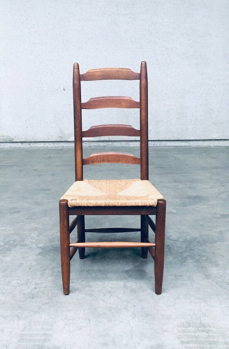 Rustic Ladder Back Oak and Rush Dining Chairs, 1960s, Set of 4