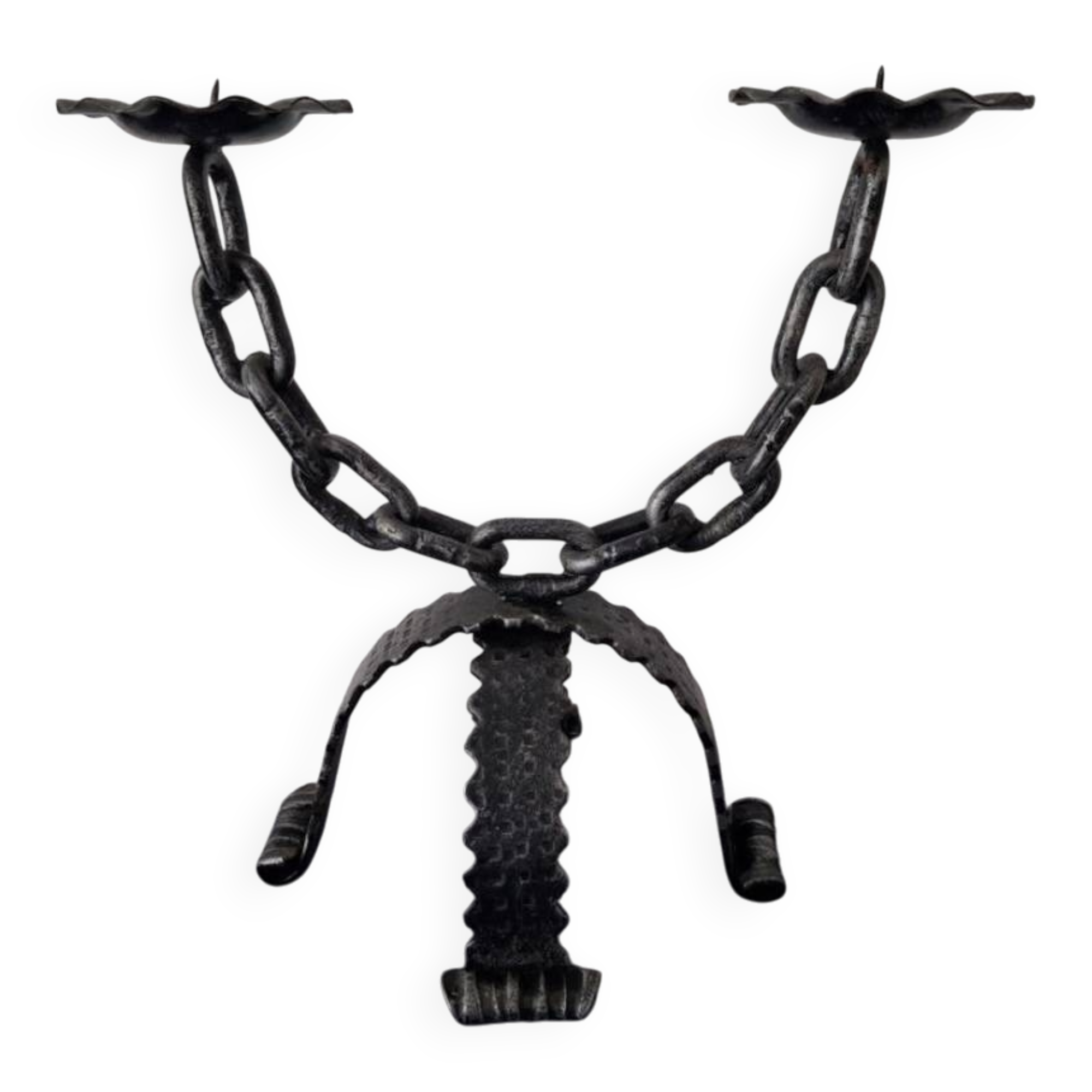 Brutalist double candle chandelier—wrought iron, chain and tripod base