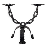 Brutalist double candle chandelier—wrought iron, chain and tripod base