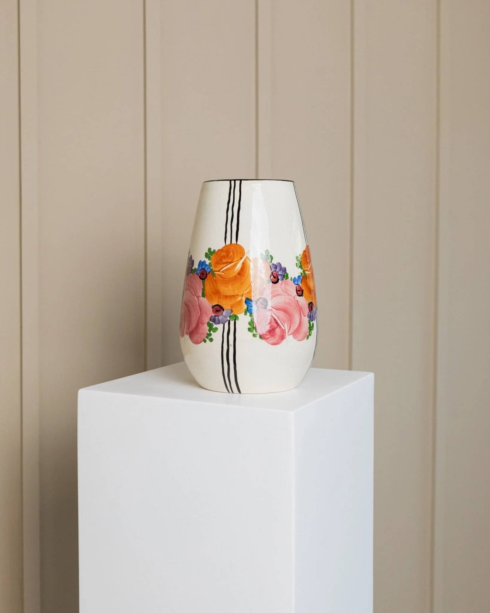 Cream Ceramic Vase by Zeh Scherzer - Hand-Painted Bulbous Mid-Century Floral Stripe, 1970s