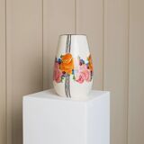 Cream Ceramic Vase by Zeh Scherzer - Hand-Painted Bulbous Mid-Century Floral Stripe, 1970s