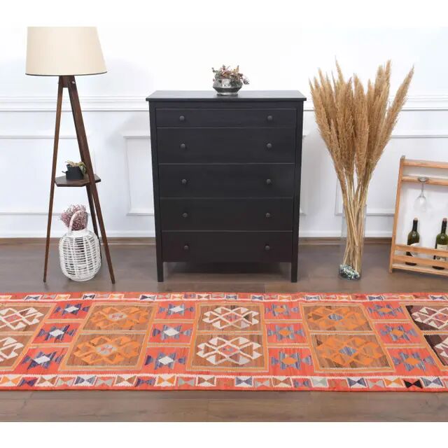 1970s Vintage Turkish Hand-Knotted Wool Cotton Red Runner Rug 96x320