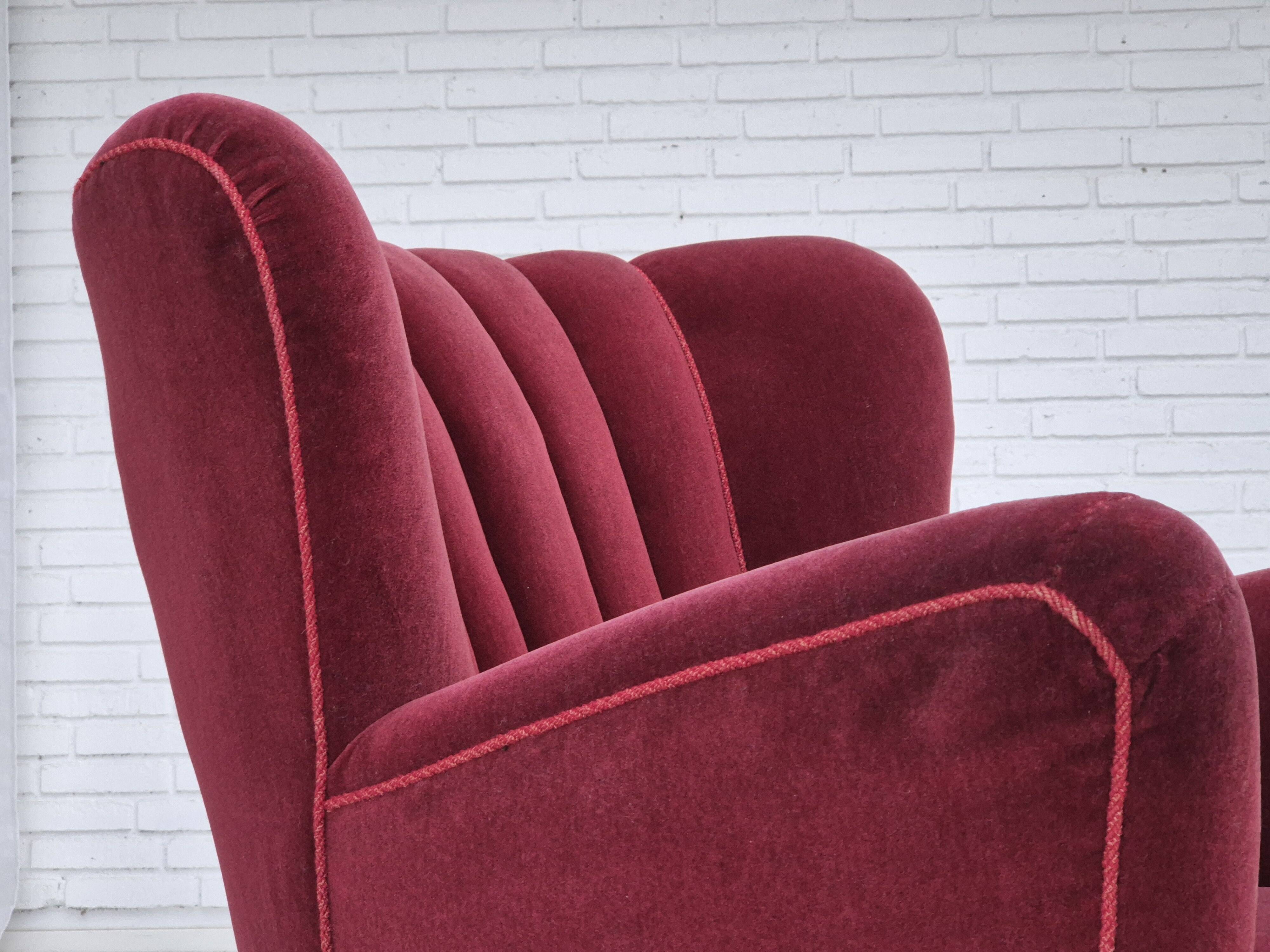 1960s, Danish armchair, original condition, cherry-red furniture velour.