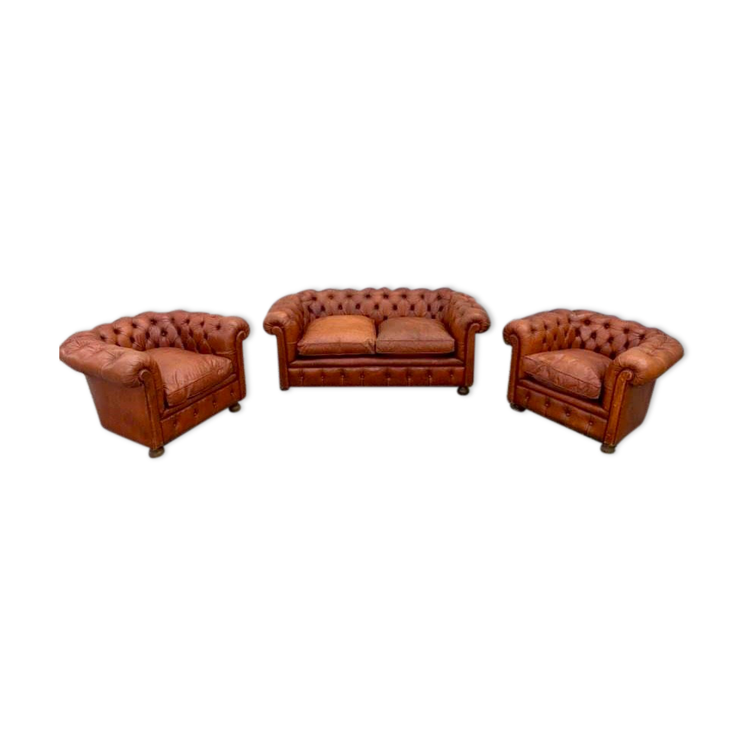 Salon canape and 2 chesterfield armchairs in vintage cognac leather from the 1970s