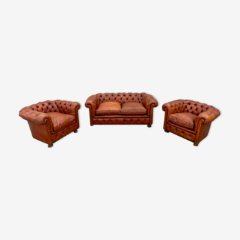 Salon canape and 2 chesterfield armchairs in vintage cognac leather from the 1970s