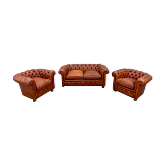 Salon canape et 2 fauteuils chesterfield en cuir cognac vintage des annees 1970