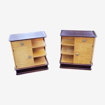Pair of 40s/50s bedside tables in sycamore and mahogany
