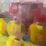 HST painting "Still life with pomes and carafe" signed Boulicot Modern Art (XX°)