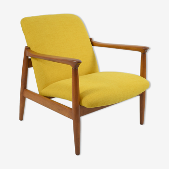 Fauteuil vintage design E.Homa, années 1960, entièrement restauré, tissu jaune