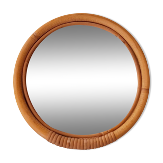 Miroir rond en rotin et bambous 60s