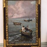 Two paintings, landscape and fishing