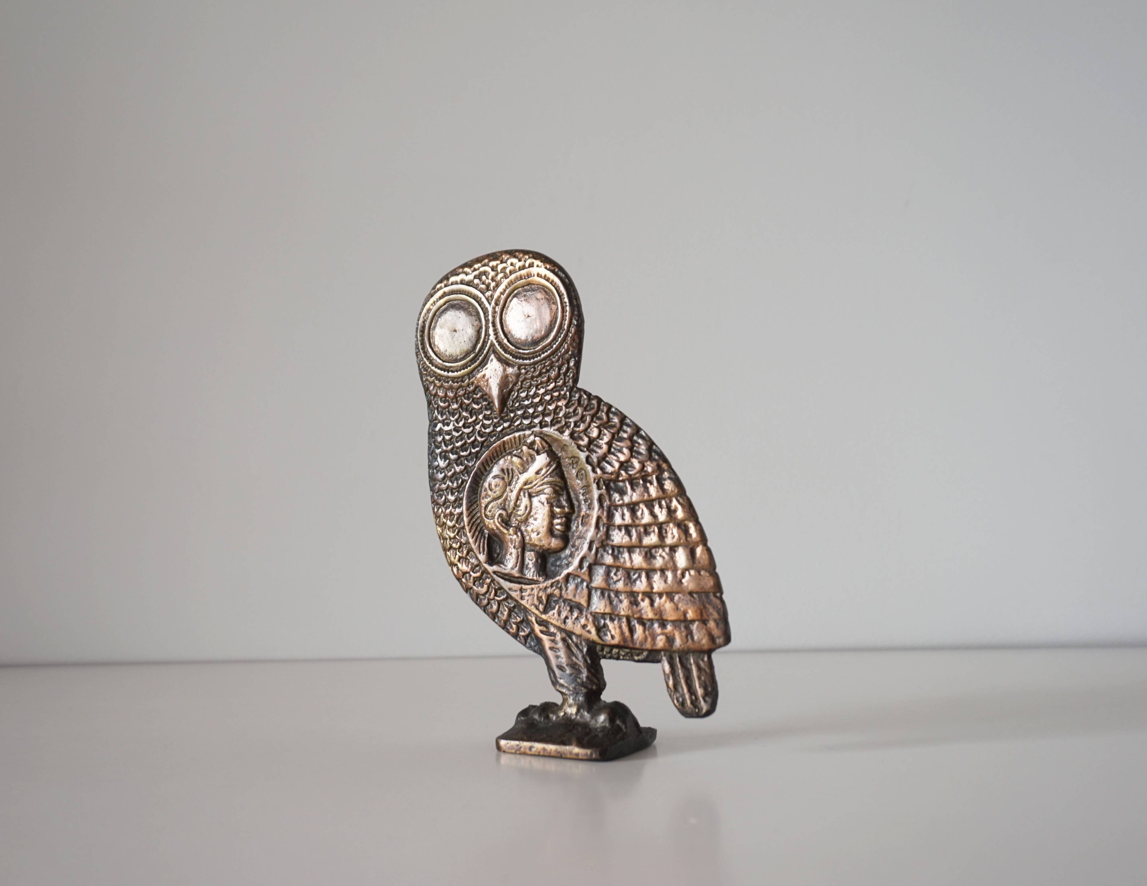 Owl sculpture in gilded brass bronze