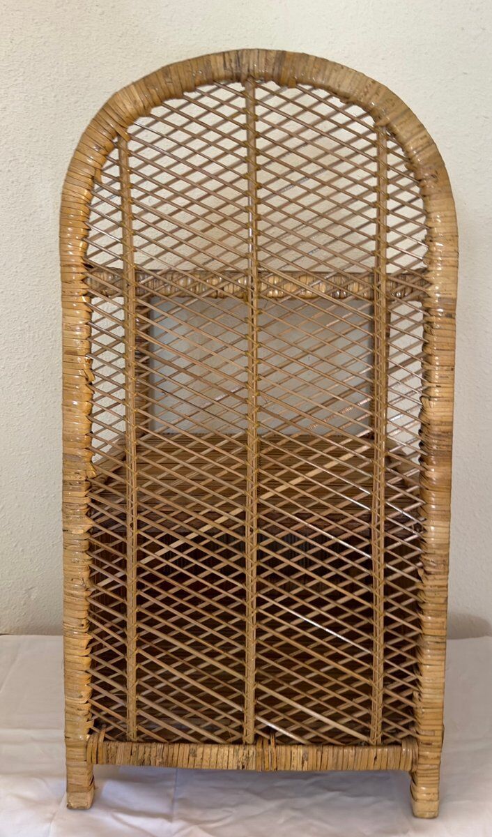 Vintage Spanish rattan and wicker bookshelves with lower door, 1970s.