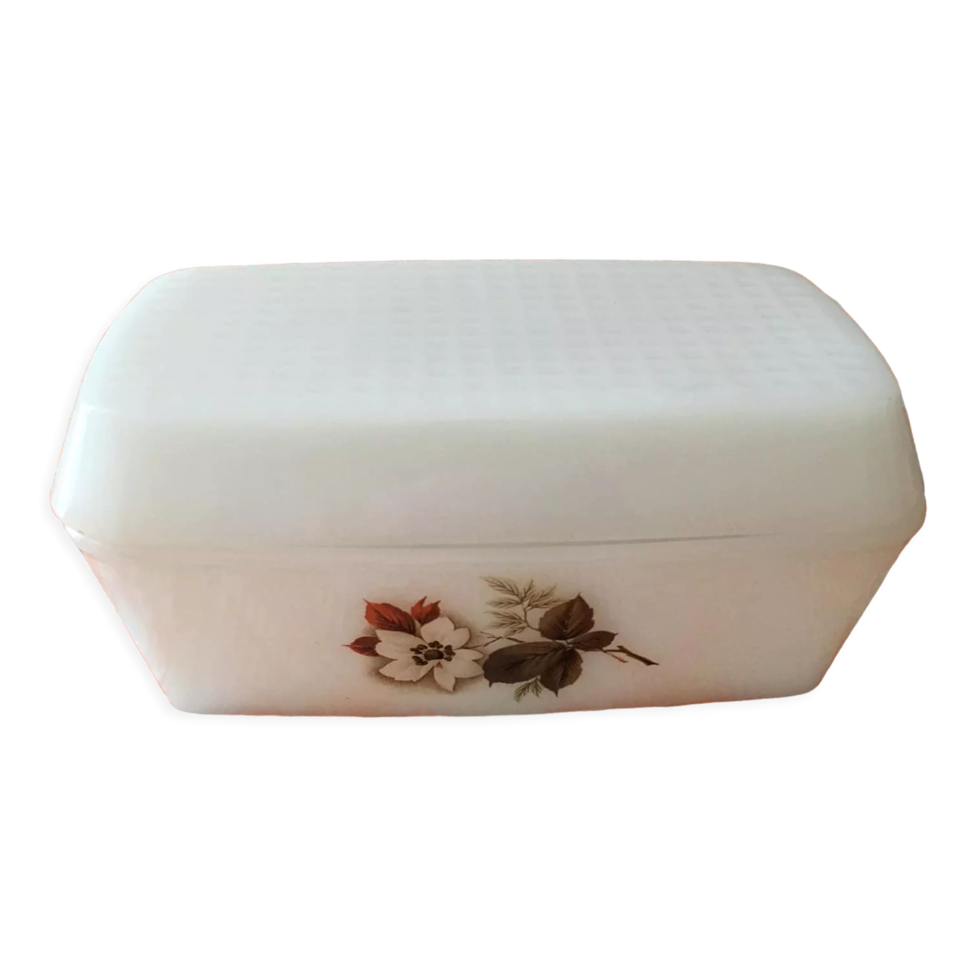 Old butter dish in Arcopal flower decoration