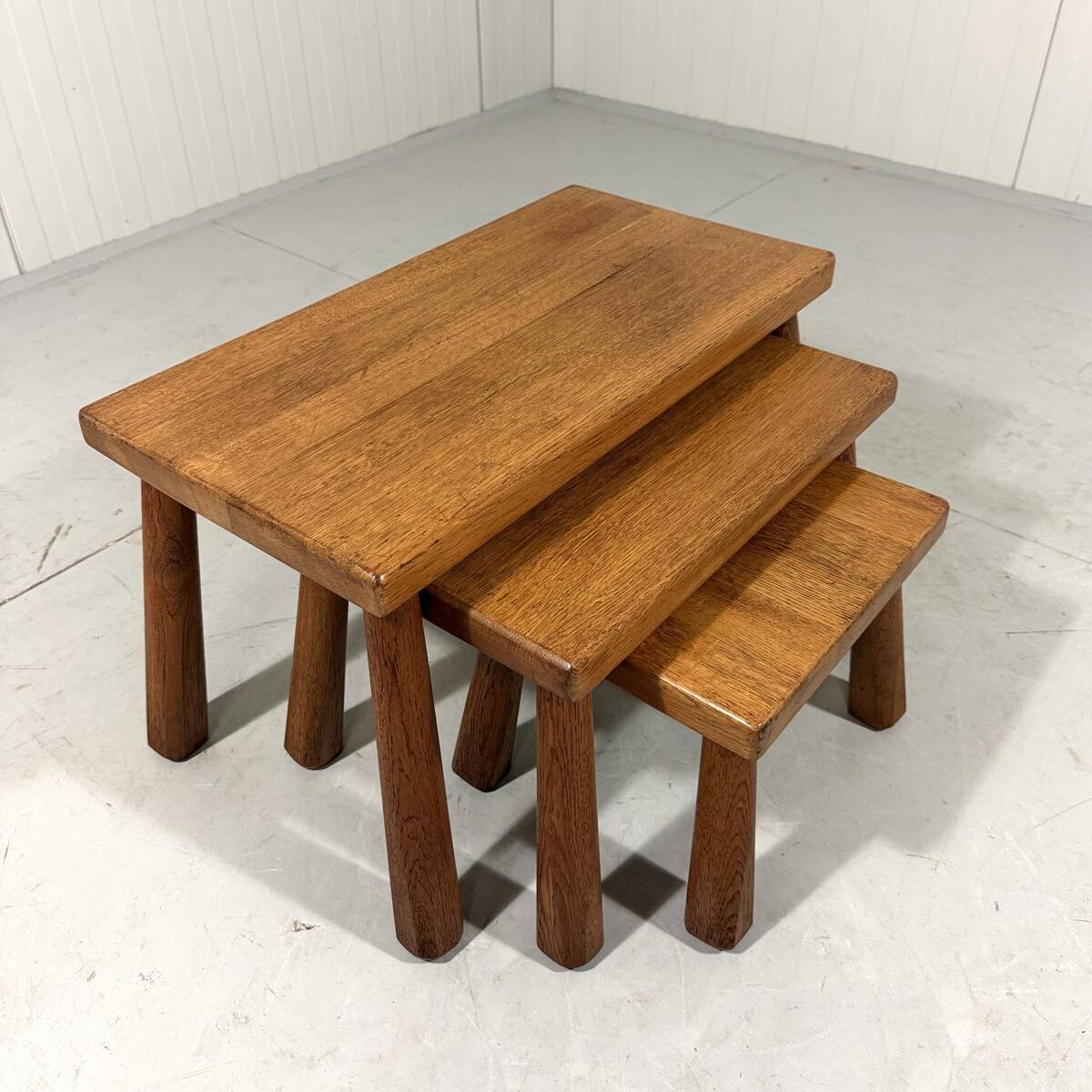 Brutalist rustic blond oak nesting tables