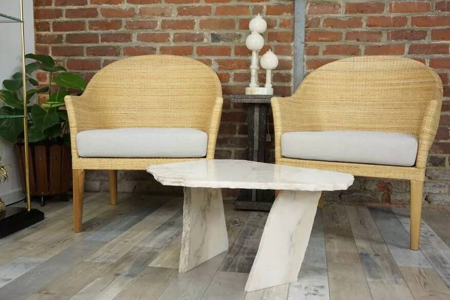 Pair of teak and rattan armchairs