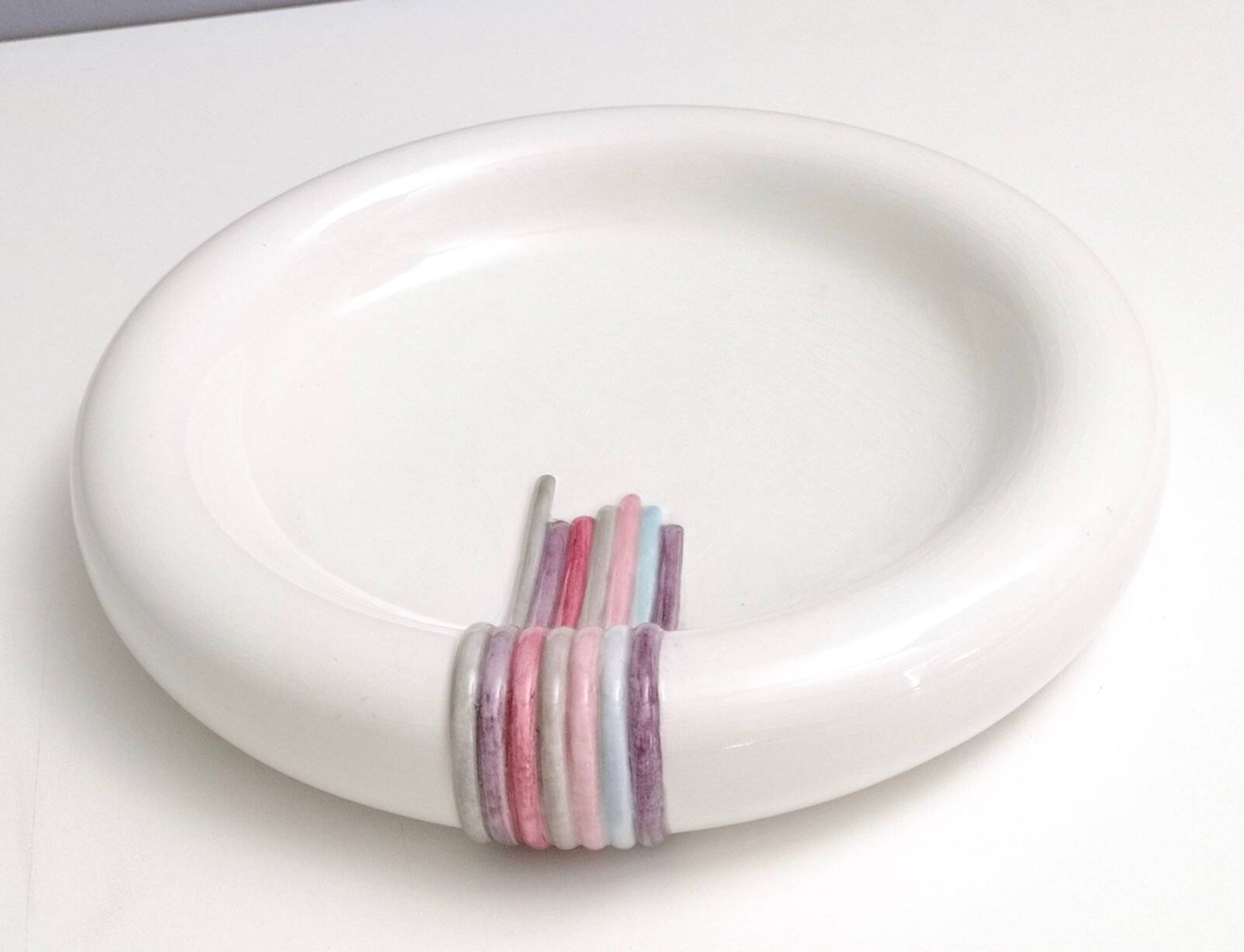 Round White Ceramic Catchall by Ambrogio Pozzi with Hand Painted Details, I