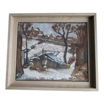 Tableau ancien à l'huile représentant un paysage d'hiver