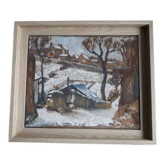 Old oil painting depicting a winter landscape