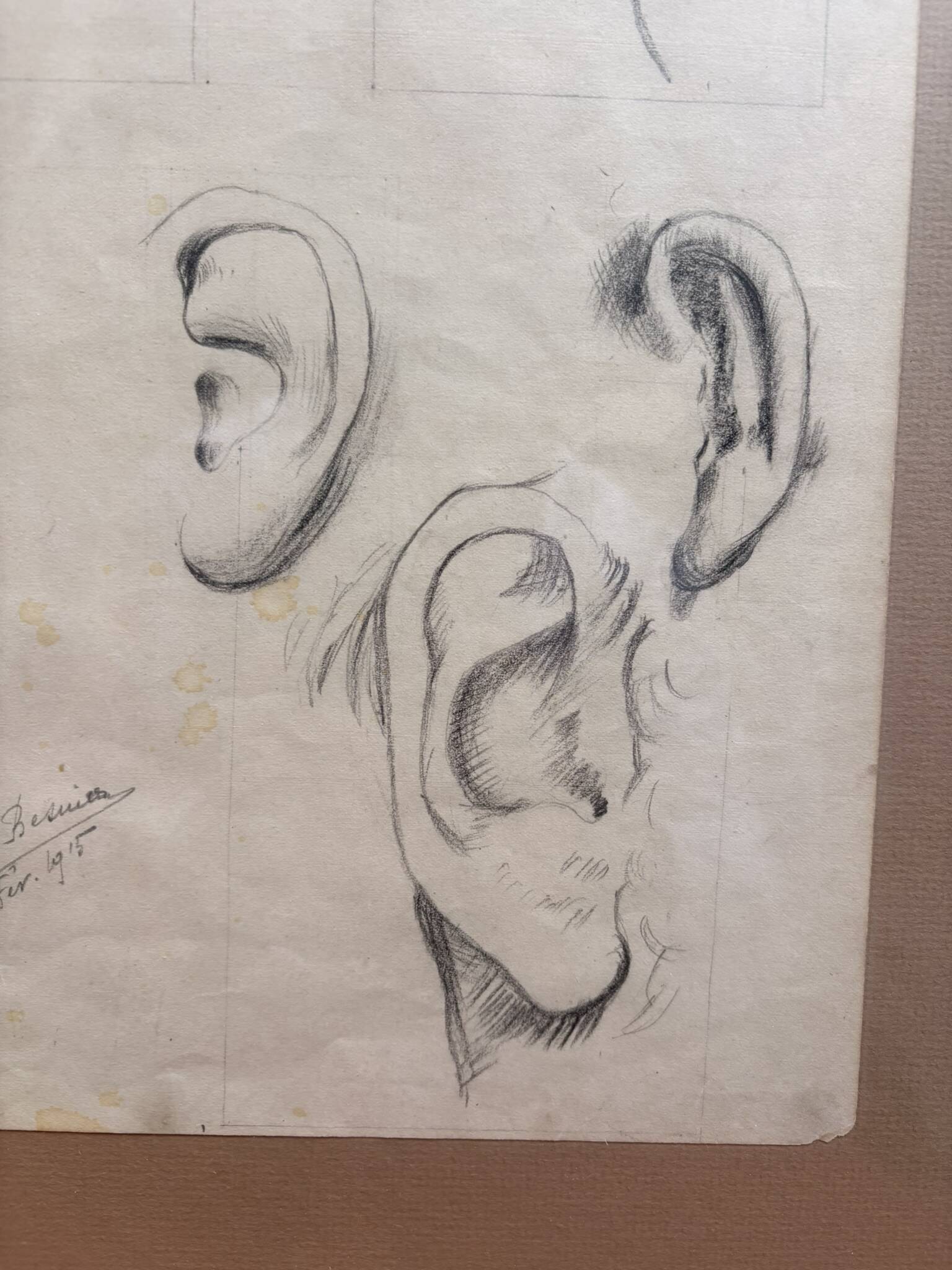 Old Charcoal Drawing Study Sketch Ear Mouth Face 1915 Signed