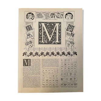 Lithographie gravure alphabet lettre M de 1897
