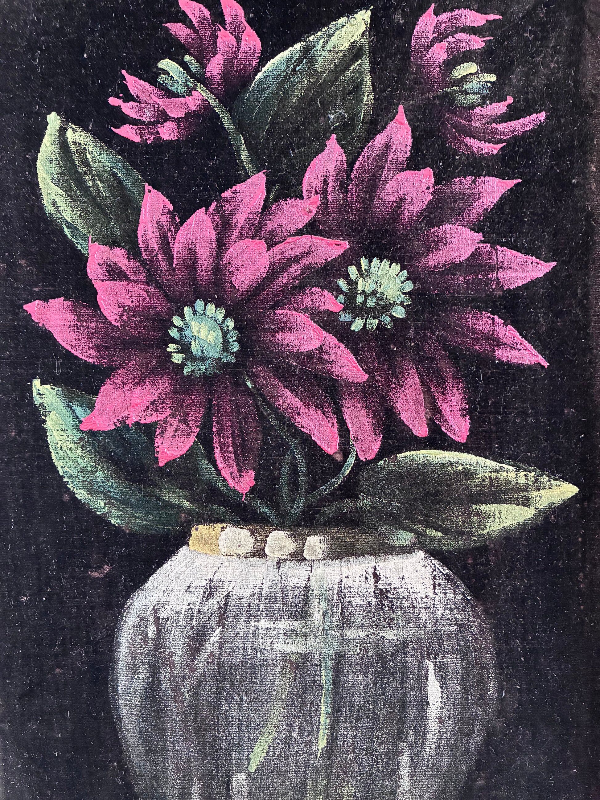 Set vintage original velvet flower oil painting, pair of flower still life art