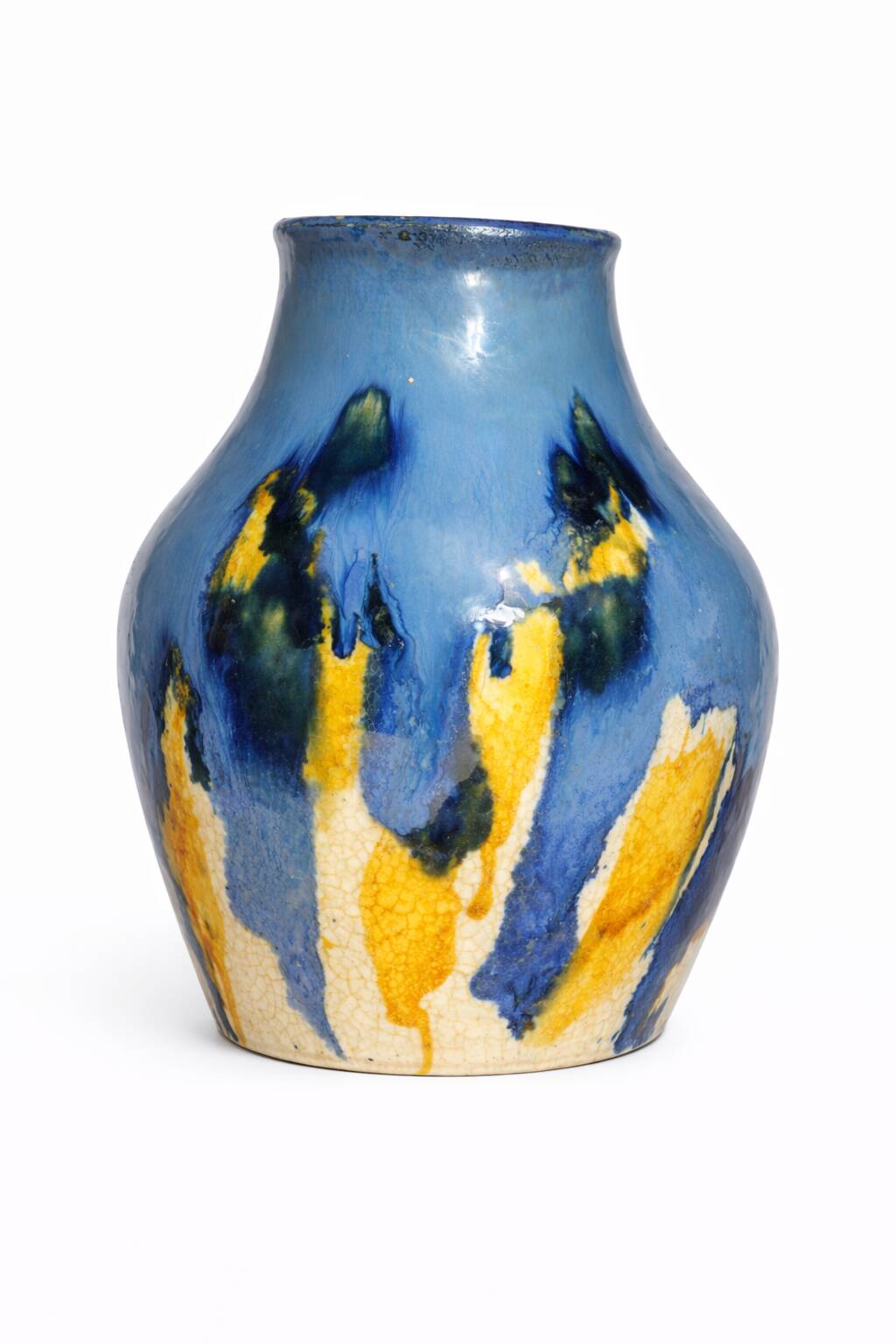 Baluster vase in Belgian ceramic with flowing blue and yellow glazes.