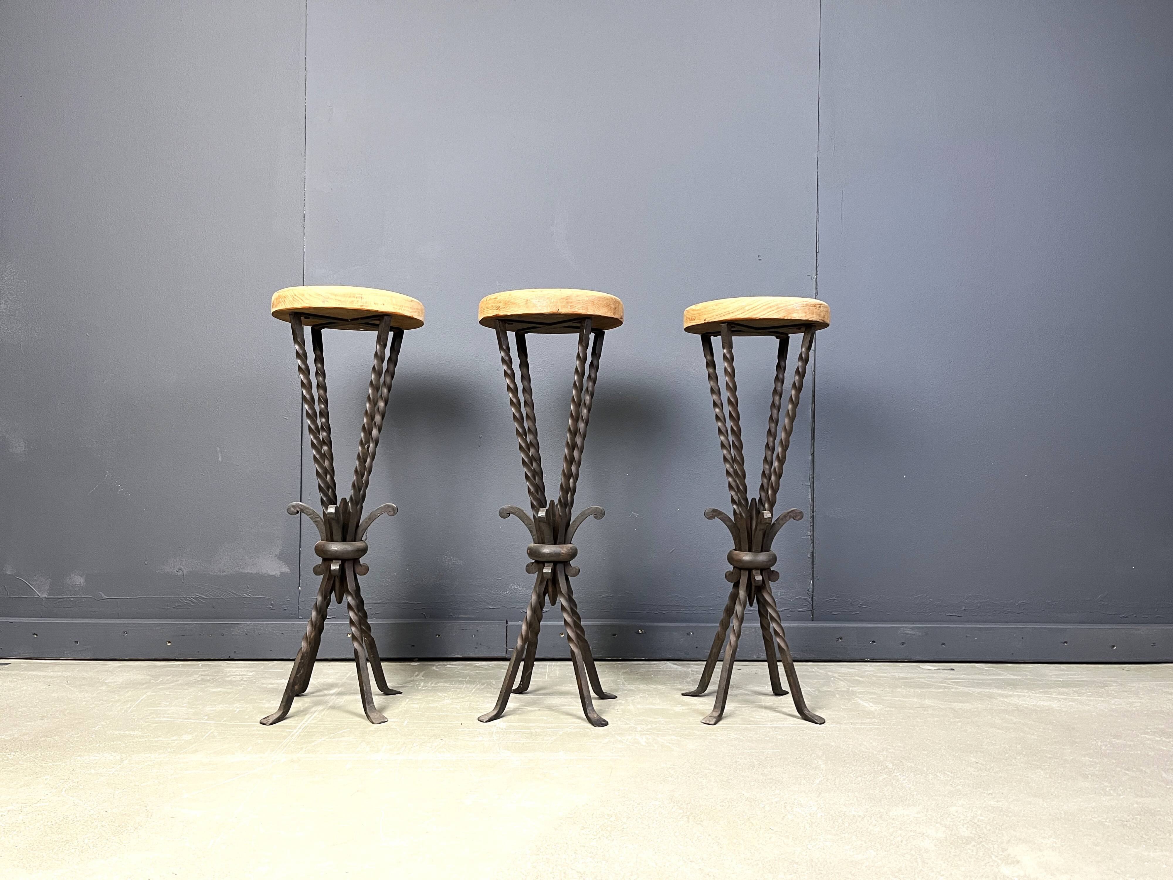 Vintage french wrought iron bar stools, 1960s - set of 3