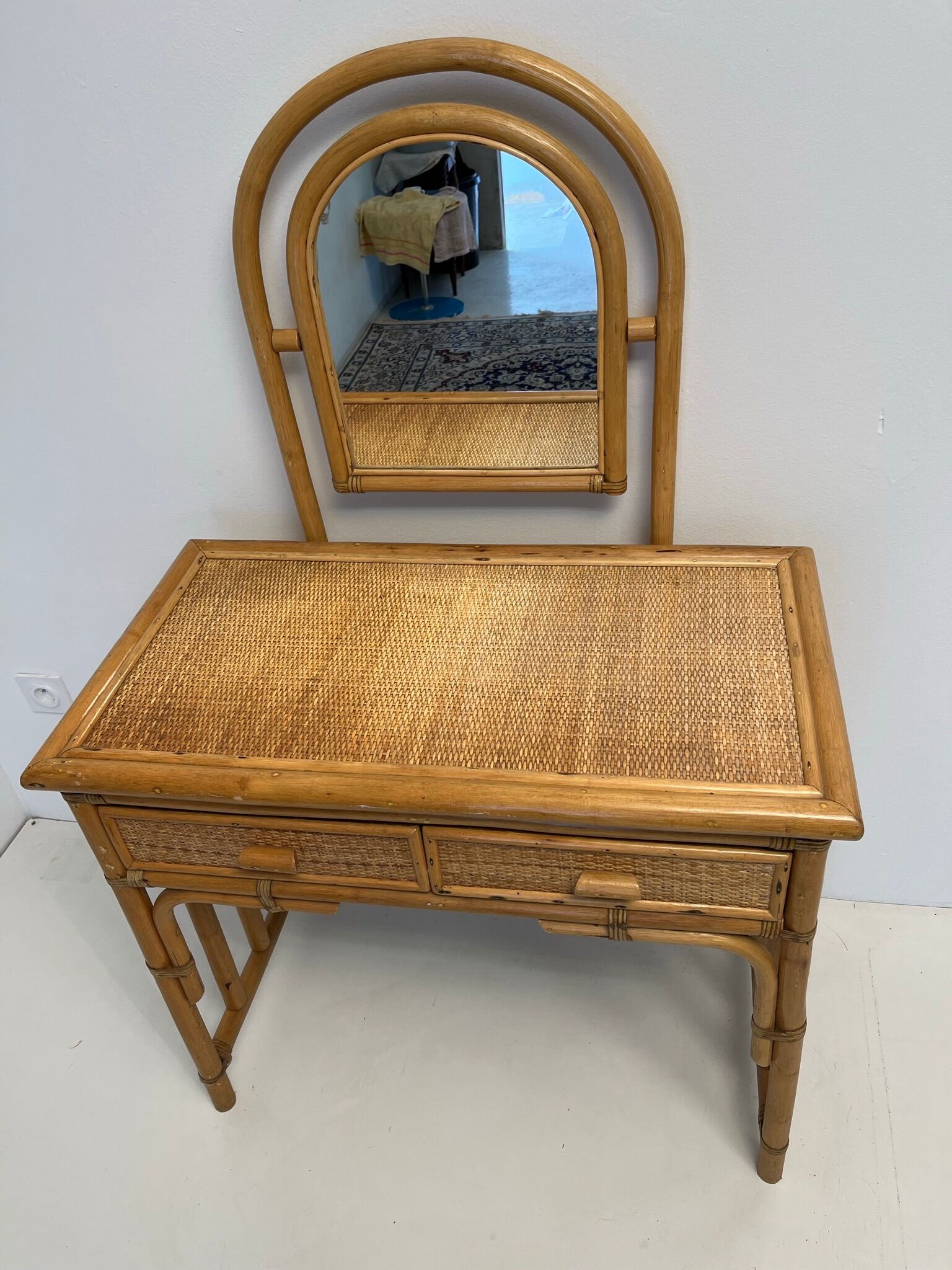 Bamboo and rattan dressing table, with mirror 50s-60s