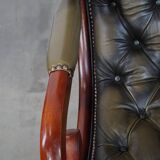 Set of 2 Green Cowhide Leather English Chesterfield Armchairs